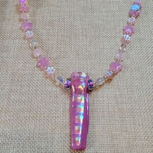 Pink Dichroic Fused Glass Necklace Handmade OOAK with Gold Filled Lobster Clasp